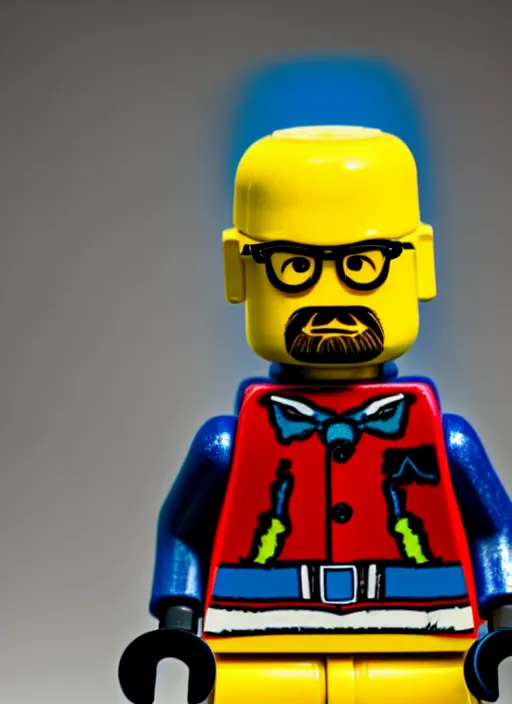 Image similar to macro photo still of lego walter white, 8 k, studio lighting, left side key light, product shot, 1 2 0 mm f 1. 4