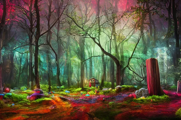 Prompt: deep colorful moody forest made of candy, lollipop trees, cotton candy bushes, big colorful rock candy boulders, gumdrop mushrooms, chocolate creek, gingerbread house. dark mood. mysterious realistic painting. photo collage, highly detailed, cinematic, hyperrealistic, artstation, dramatic lighting, god rays, clean crisp graphics, smooth sharp focus, extremely detailed