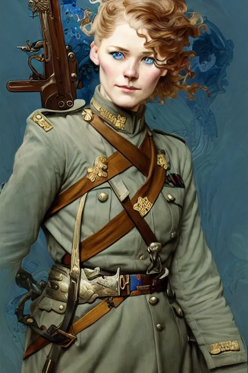 Prompt: beautiful nordic woman wearing world war 1 uniform, blue eyes, fantasy highly detailed, intricate, smooth, art by joseph leyendecker, peter mohrbacher, ruan jia, marc simonetti, ayami kojima, cedric peyravernay, alphonse mucha, victo ngai