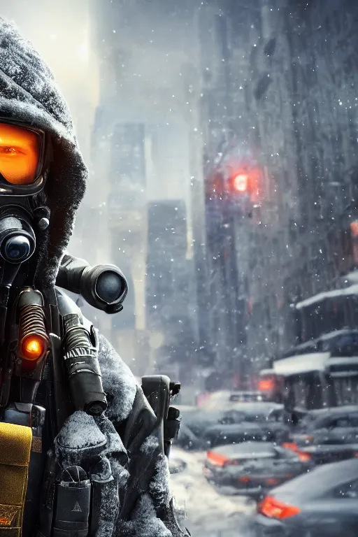 Prompt: close-up portrait of an agent from (Tom Clancy's The Division), (snowy new york in background), fires in background, high detail, digital art, matte painting, trending on artstation, by Tom Garden, by Marek Okon, by Abrar Khan