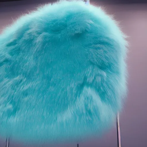 Image similar to nike logo made of very fluffy cyan faux fur placed on reflective surface, professional advertising, overhead lighting, heavy detail, realistic by nate vanhook, mark miner