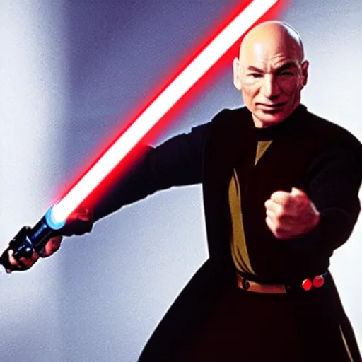Image similar to captain jean luc picard wielding a lightsaber