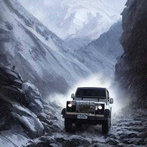 Image similar to a landrover crossing the alps while its snowing, digital art, artstation, photgraphy, highly detailed, digital painting, artstation, concept art, sharp focus, illustration, art by greg rutkowski and artgerm