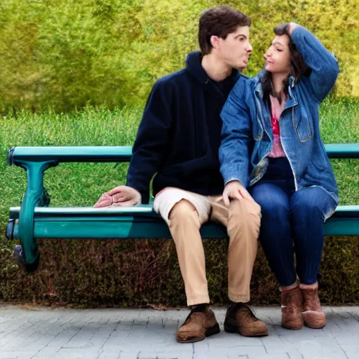 Prompt: a couple sitting on a park bench, photorealistic