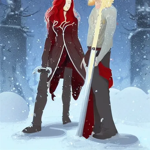 Image similar to A woman and a man are standing in the snow, the woman is leaning against the man, the man has long red hair, the woman has blonde long hair, the man has a red thick sword, the woman has a thin, long sword, a tree almost fully covered in bulky snow, concept art by Fabien Charuau, trending on pixiv, fantasy art, official art, wiccan, concept art, 4k, sharp details