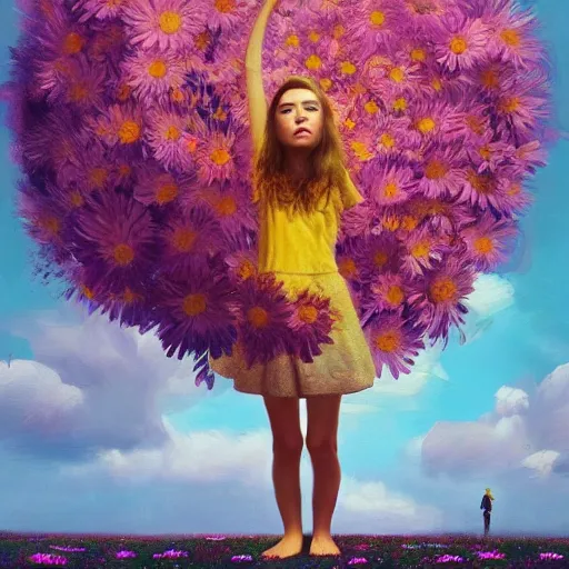 Prompt: head made of giant daisies, girl standing barefoot in a flower field, arms out stretched, surreal photography, sunrise dramatic light, impressionist painting, colorful clouds, large sky, digital painting, artstation, simon stalenhag, flower face