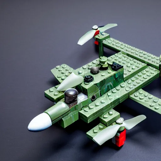 Prompt: military drone made of lego, toy, high resolution photo