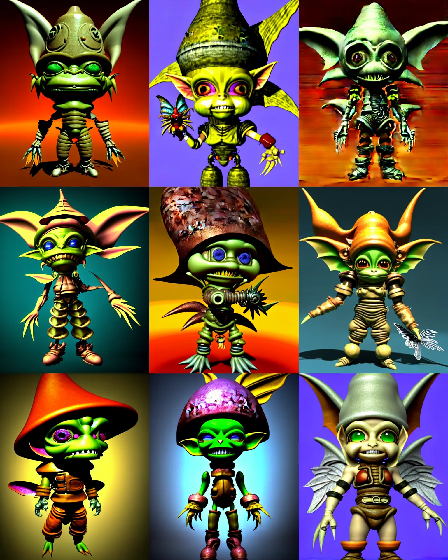 Prompt: vintage cgi 3 dimensional render of chibi cyborg goblin in the style of micha klein final fantasy ix by ichiro tanida wearing a big bell hat and wearing angel wings against a psychedelic swirly background with 3 d butterflies and 3 d flowers n the style of 1 9 9 0's cgi renders 3 d rendered by micha klein lightwave