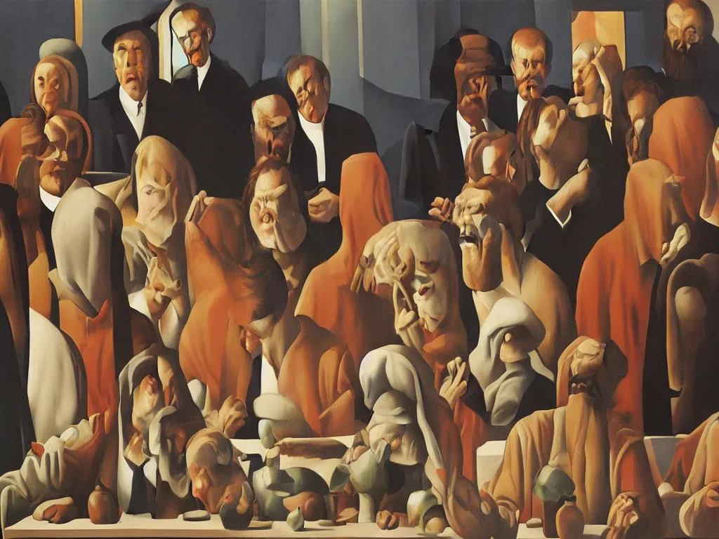 Image similar to crowded last supper painting magritte, renaissance, american gothic