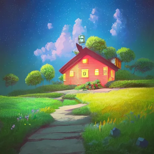 Image similar to beautiful 3 d painting of a colourful house on a hilltop at midnight with small fireflies flying around, in the style of studio ghibli, artstation, unreal engine