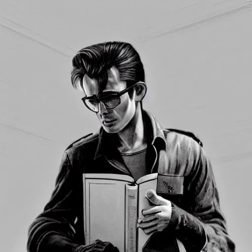 Prompt: a highly detailed epic cinematic concept art CG render digital painting artwork costume design: young James Dean as a well-kept neat anarchist rebel in 1950s USSR mechanic overalls and big boots, reading a book. By Greg Rutkowski, Ilya Kuvshinov, WLOP, Stanley Artgerm Lau, Ruan Jia and Fenghua Zhong, trending on ArtStation, subtle muted cinematic colors, made in Maya, Blender and Photoshop, octane render, excellent composition, cinematic atmosphere, dynamic dramatic cinematic lighting, aesthetic, very inspirational, arthouse