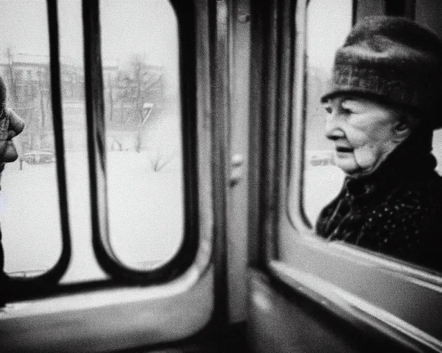 Image similar to a lomography photo of rumble between two grandmoms in soviet train this morning, bokeh,