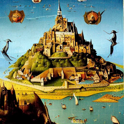 Image similar to Stunning and highly detailed painting of Mount Saint-Michel by Hieronymus Bosch