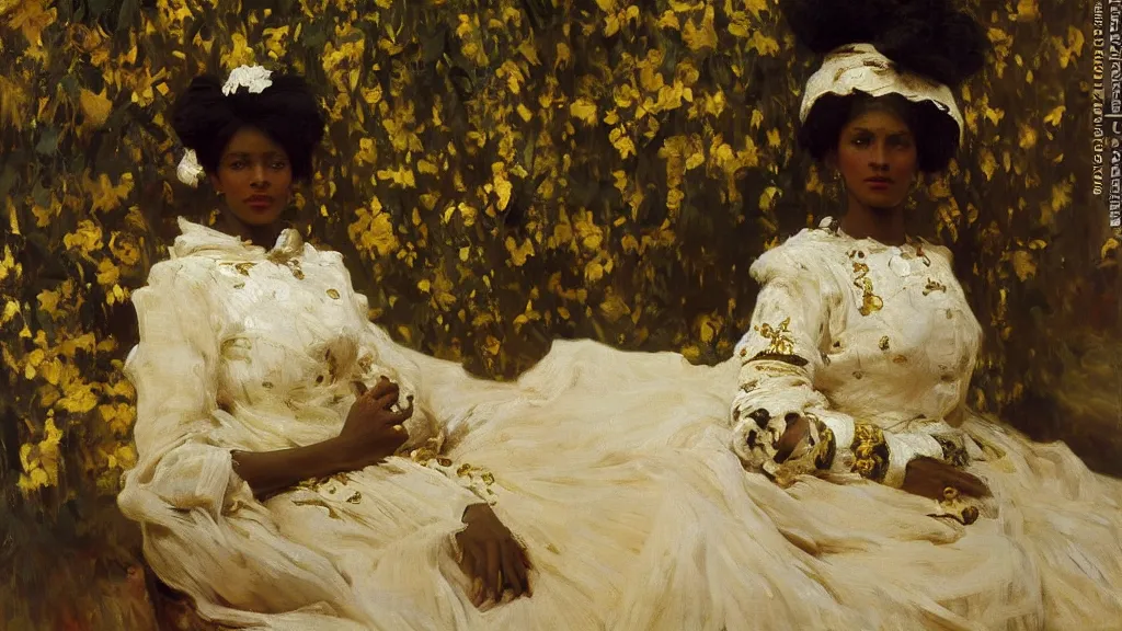 Prompt: high quality high detail painting by ilya repin and john singer sargent, black woman in a white room with many plants, intricate costume design, orientalist, partially gold, ornate, elite, luxury, hd