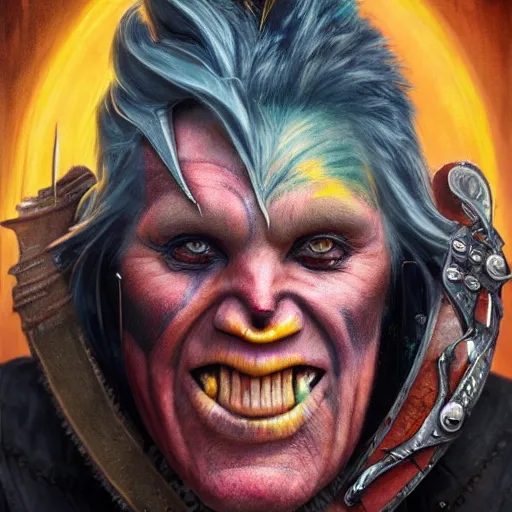 Image similar to detailed photo of a Half-orc bard portrayed by Gary Busey, 8k,by Tristan Eaton, Stanley Artgermm, Tom Bagshaw, Greg Rutkowski, Carne Griffiths, trending on DeviantArt, face enhance, hyper detailed ,full of color, dramatic lightning, epic stance