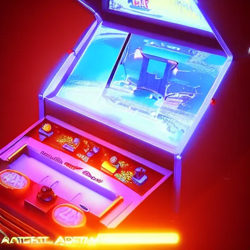 Image similar to 1990s arcade machine, octane render, unreal engine, digital art, Artstation, Trending on Artstation, Artstation HQ, Artstation HD, cgsociety, Pinterest, 8k , close up to the screen, wide angle, godrays, volumetric, reflections, cinematic, epic, accurate, coherent, 3D Render,