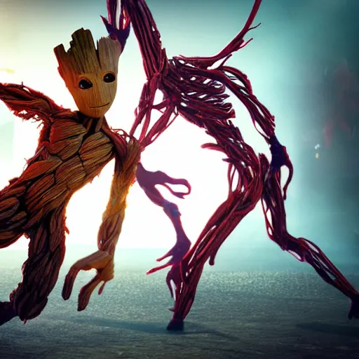 Image similar to groot and optimus prime dancing at techno party among people, wide shoot, octane render, ultra realistic