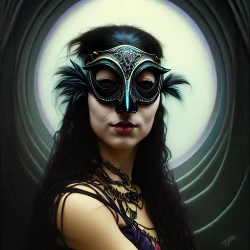 Image similar to portrait of a young woman in a raven masquerade mask, dark, piercing eyes, exotic expression, esoteric clothing, photorealistic, highly detailed, mysterious lighting, artstation, smooth, sharp focus, art by michael whelan, artgerm, greg rutkowski and alphonse mucha