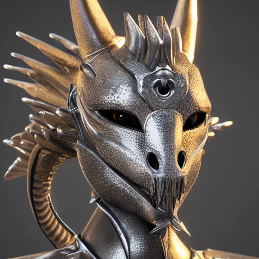 Image similar to highly detailed realistic stunning close up shot of a beautiful anthropomorphic female knight but as a hot dragon, doing a majestic pose, well designed female dragon head, armor made of steel, sharp claws, HD octane render, epic cinematography, fantasy, Artstation, Deviantart, Furaffinity