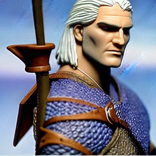 Prompt: Geralt of Rivia action figure and The Witcher playset commercial still from the 1980s