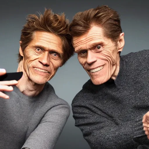 Image similar to Willem Dafoe and Jerma taking a selfie together, Willem Dafoe is on the left, Jerma is on the right, Willem Dafoe is wearing dark gray sweater and a black blazer, Jerma is wearing a light gray sweatshirt, 4k resolution, 8k resolution, HD Quality, highly detailed, very detailed, detailed, studio quality lighting, digital art, trending on artstation