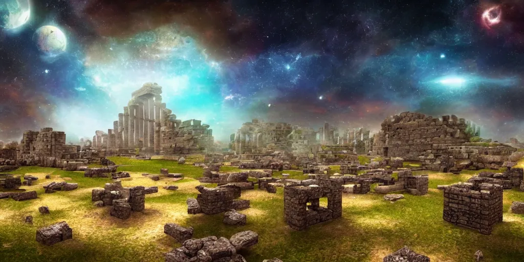 Prompt: ancient city ruins with cubes made with water where you can see colorful stars in space through them, matte painting, concept art, 4 k