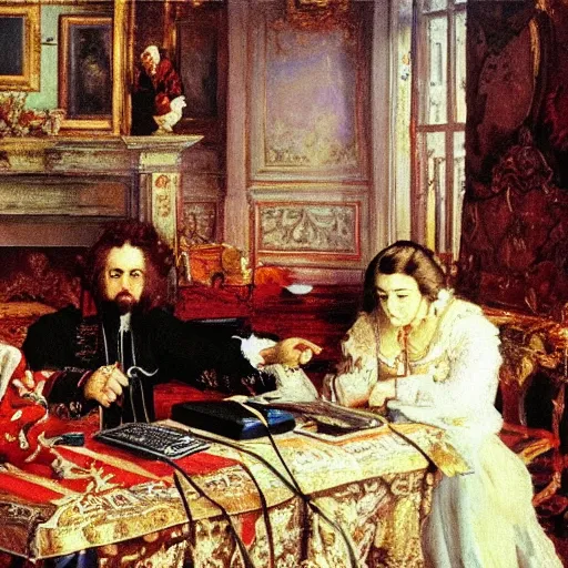 Image similar to russian tsar Peter The Great 18th century installs operating system ubuntu on desktop computer laptop by vasnetsov and surikov serov, JEAN-VICTOR BERTIN, by Terence Cuneo, detailed, artfully traced, 4k resolution, cinematic, dramatic