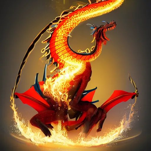 Pyrodrake: a fire/dragon-type pokémon resembling a majestic dragon engulfed  in flames. it has a serpentine body covered in fiery scales, glowing red  eyes, and large wings capable of creating scorching gusts of