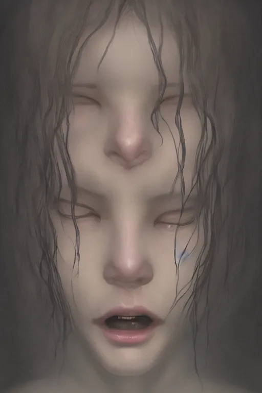 Image similar to breathtaking detailed horror painting of creepy crying woman , with anxious, piercing eyes, art by Hsiao-Ron Cheng, Ja Miyazaki, dramatic lightning, hyperrealistic, octane render, ambient light, dynamic lighting