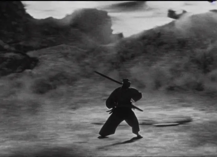 Image similar to a movie still of a samurai slicing through a loaf of bread by Akira Kurosawa