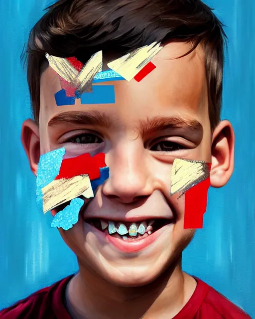 Image similar to painting, smiling boy, shards of time, face portrait, centered portrait, medium closd - up, illustration, highly detailed, simple, no jagged lines, smooth, artstation, artwork by obey, artwork by sandra chevrier