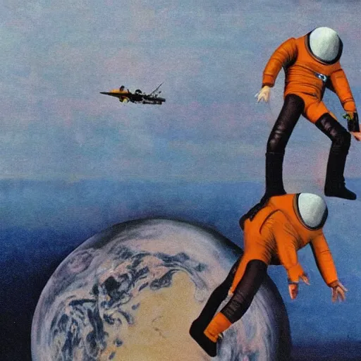 Prompt: surreal art of steed standing on astronaut that standing on all fours