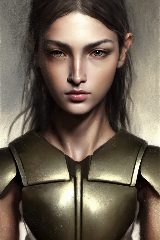 Image similar to a photorealistic painting of an attractive young girl, partially clothed in metal-plated battle armor, olive skin, long dark hair, beautiful bone structure, symmetrical face, perfect eyes, intricate, elegant, digital painting, concept art, illustration, sharp focus, minimal artifacts, from Metal Gear, in the style of Ruan Jia and Mandy Jurgens and Greg Rutkowski, trending on Artstation, award winning