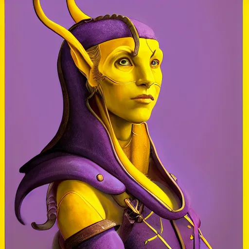 Image similar to A professional digital portrait painting of a young adult female tiefling, painted by Wes Anderson, painted by Hayao Miyazaki, dressed in light armor, 4k, digital art, trending on cgsociety, highly detailed, head and shoulders shot, shallow depth of field, purple and yellow lighting, professional lighting, airbrush,