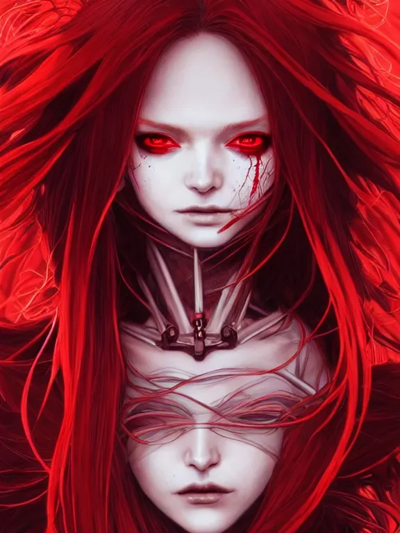Image similar to close up picture of a red witch with exoskeleton, bored, coveted, beautiful and aesthetic, intricate, unreal engine, messy hair, highly detailed, detailed face, smooth, sharp focus, chiaroscuro, manga illustration, artgerm, greg rutkowski, ilya kuvshinov, rossdraws, alphonse mucha, young adult light novel cover art