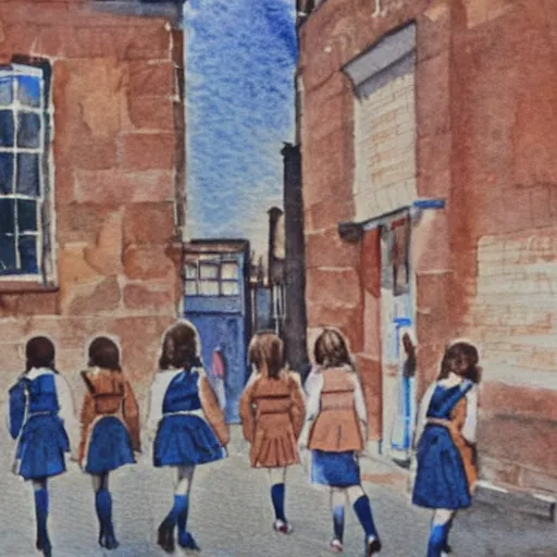 Prompt: girls in blue school uniform walking through coventry city centre, 1 9 7 0 s, watercolour, smooth