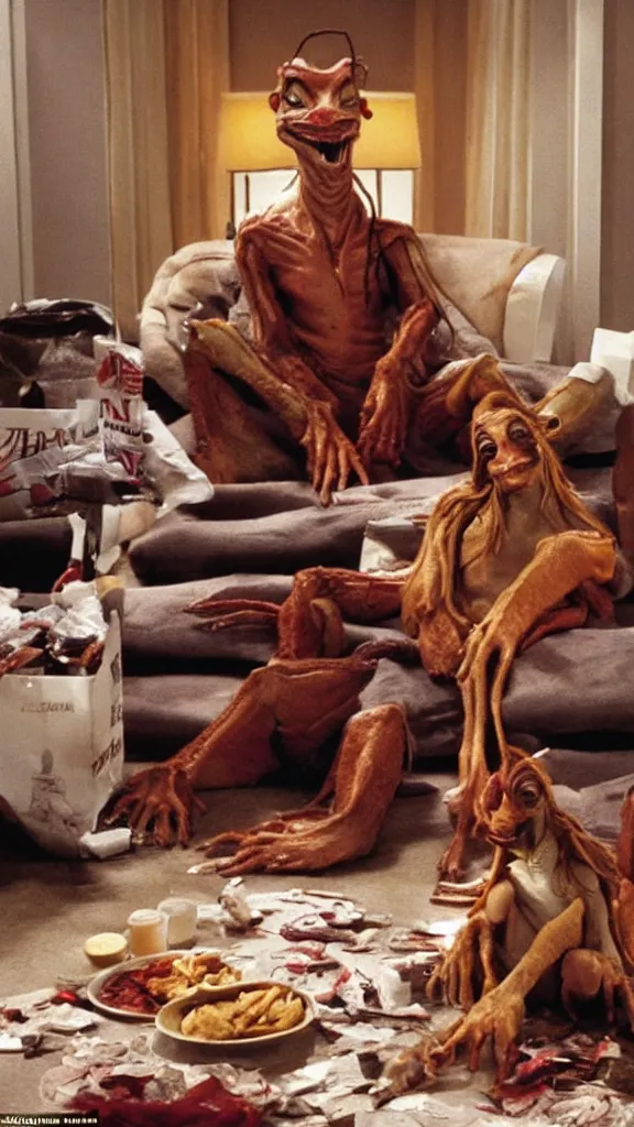 Prompt: jar jar binks lounging on his sofa in a dimly lit room, with fast food packaging strewn all over the floor