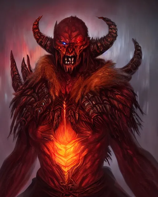 Image similar to Demon berserker, solo, one character, portrait, Path of Exile, Warhammrer, Diablo, Magic the Gathering, fantasy, gritty, cinematic lighting, centered, centered, symmetrical, symmetrical, highly detailed, digital painting, Artstation, concept art, sharp focus, 8k