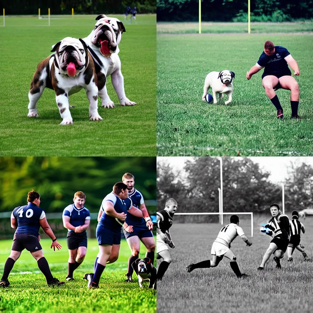 Prompt: Bulldogs out on a field playing rugby. Animals. Sports photo.