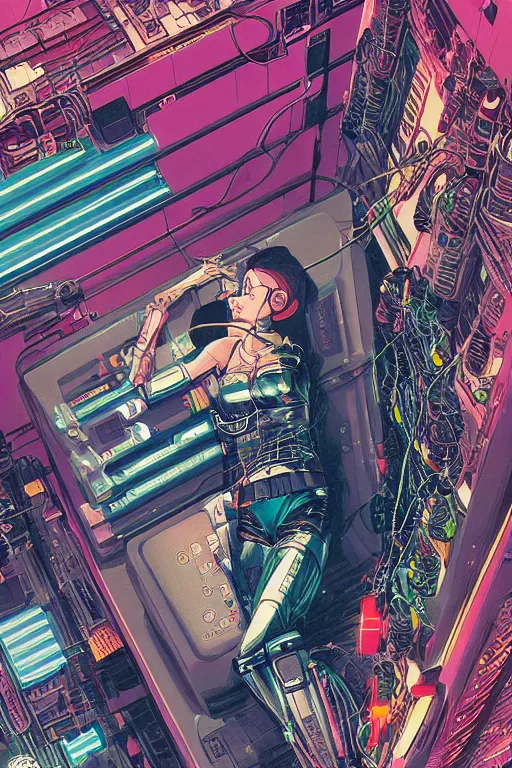 Prompt: an hyper-detailed cyberpunk illustration of a female android lying on a bed in a tech labor, with her head open showing cables and wires coming out, by masamune shirow, and katsuhiro otomo, japan, 1980s, dynamic, colorful, sparkles, lasers