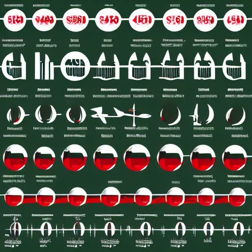 Prompt: isotype chart showing icons representing aerospace and profits over the past 50 years, mostly black and white with elements of kelly green, red, in the style of Otto Neurath