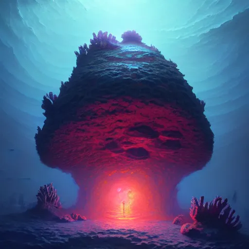 Prompt: bioluminescent coral reef, concept art, d & d, fantasy, highly detailed, masterpiece, volumetric lighting, digital painting, artstation, smooth, sharp focus, illustration, art by artgerm, by greg rutkowski