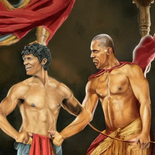 Prompt: Donald Trump and Barrack Obama as duelling gladiators, Roman fresco