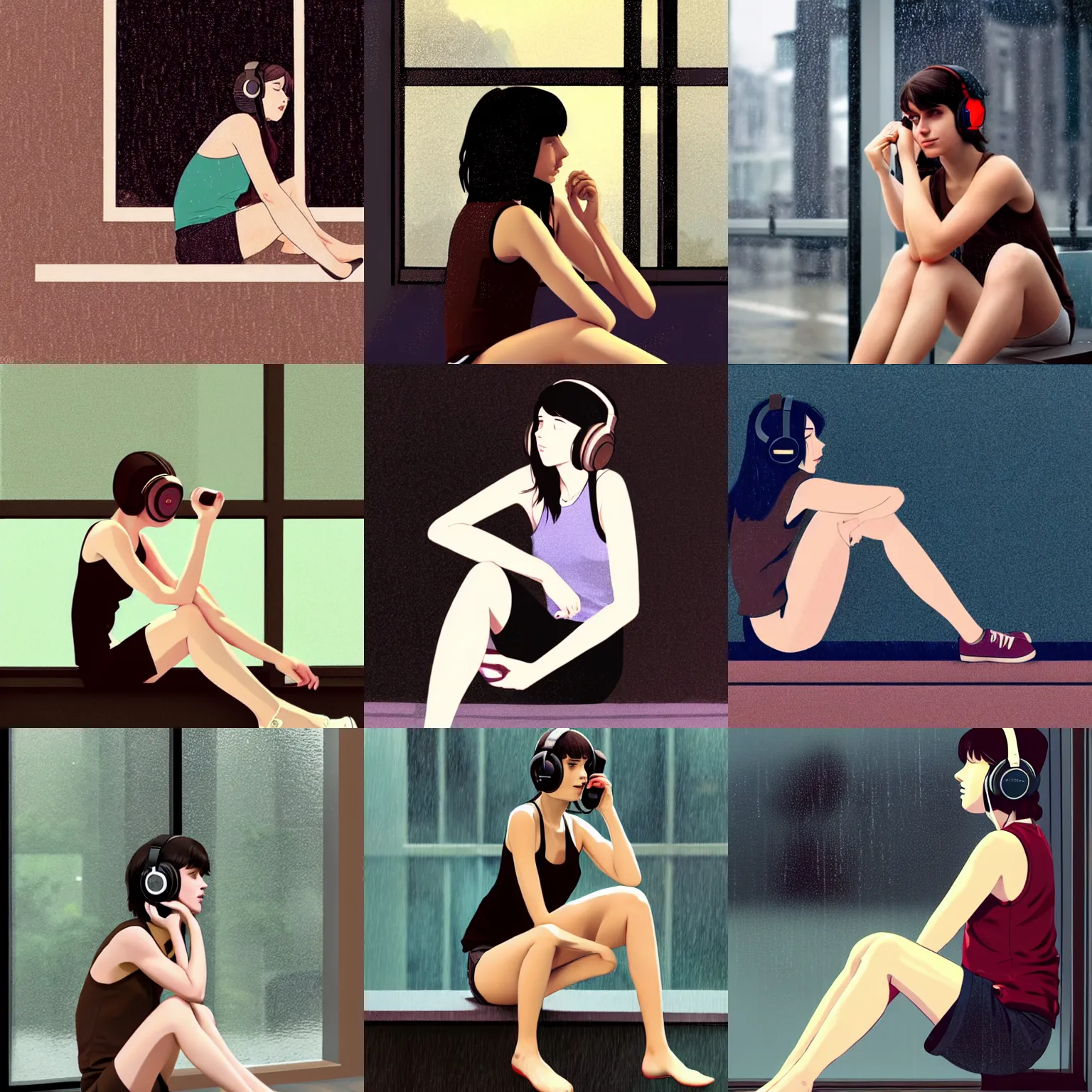 Prompt: girl with dark brown hair, wearing a low cut tanktop and sexy shorts, sitting down, leaning against the window, headphones, rainy background, in the style of ilya kuvshinov