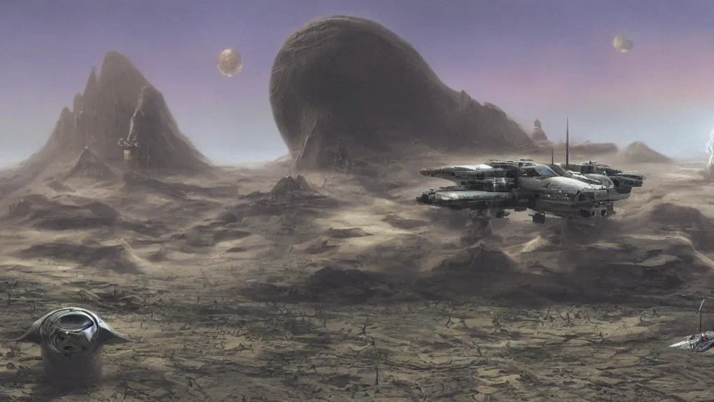 Image similar to small organic dropship lander by john schoenherr and jim burns, epic cinematic matte painting