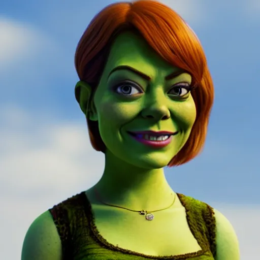 Image similar to Emma Stone as female Shrek, fully detailed, high quality , 4k , octane render