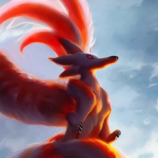 Image similar to pokemon fox ninetails of fire, artstation greg rutkowski, cinematic, hyperrealist, digital art