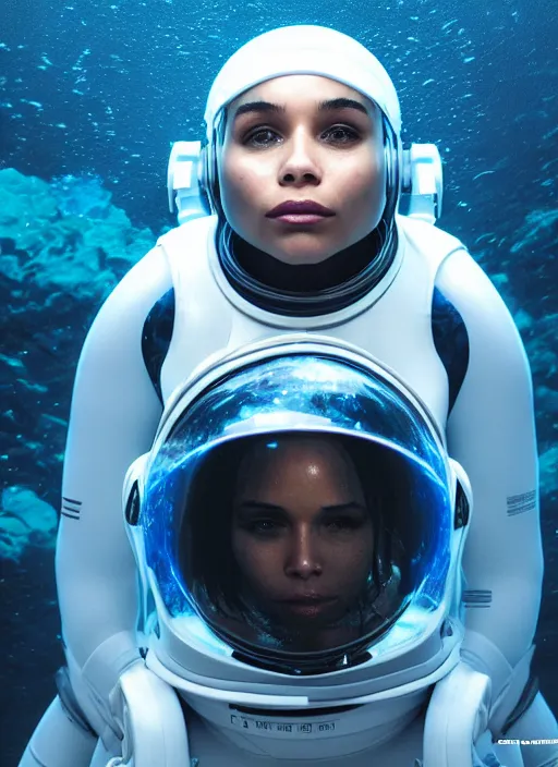 Image similar to Zoe Kravitz with short hair as a futuristic astronaut, helmet with led lights, underwater in the ocean at night, clear water, volumetric lighting, glowing lights, 4k, octane, underwater photography, artstation, concept art, sharp focus, wide angle view,