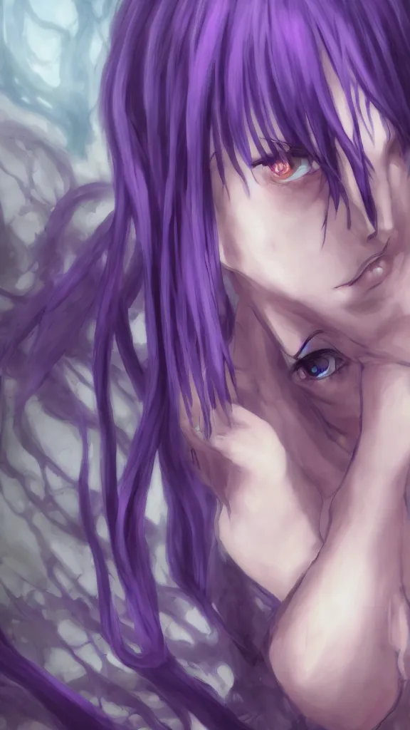 Image similar to ''frederica bernkastel from umineko when they cry, long blue hair, purple eyes, creepy art, fantasy artwork, concept art, cinematic shot, ultra detailed, by popular digital, details, high resolution, 8 k, artstation digital paintting, 4 k''