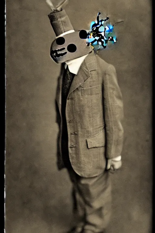 Prompt: anthropomorphic insect, wearing a suit, vintage photograph, sepia